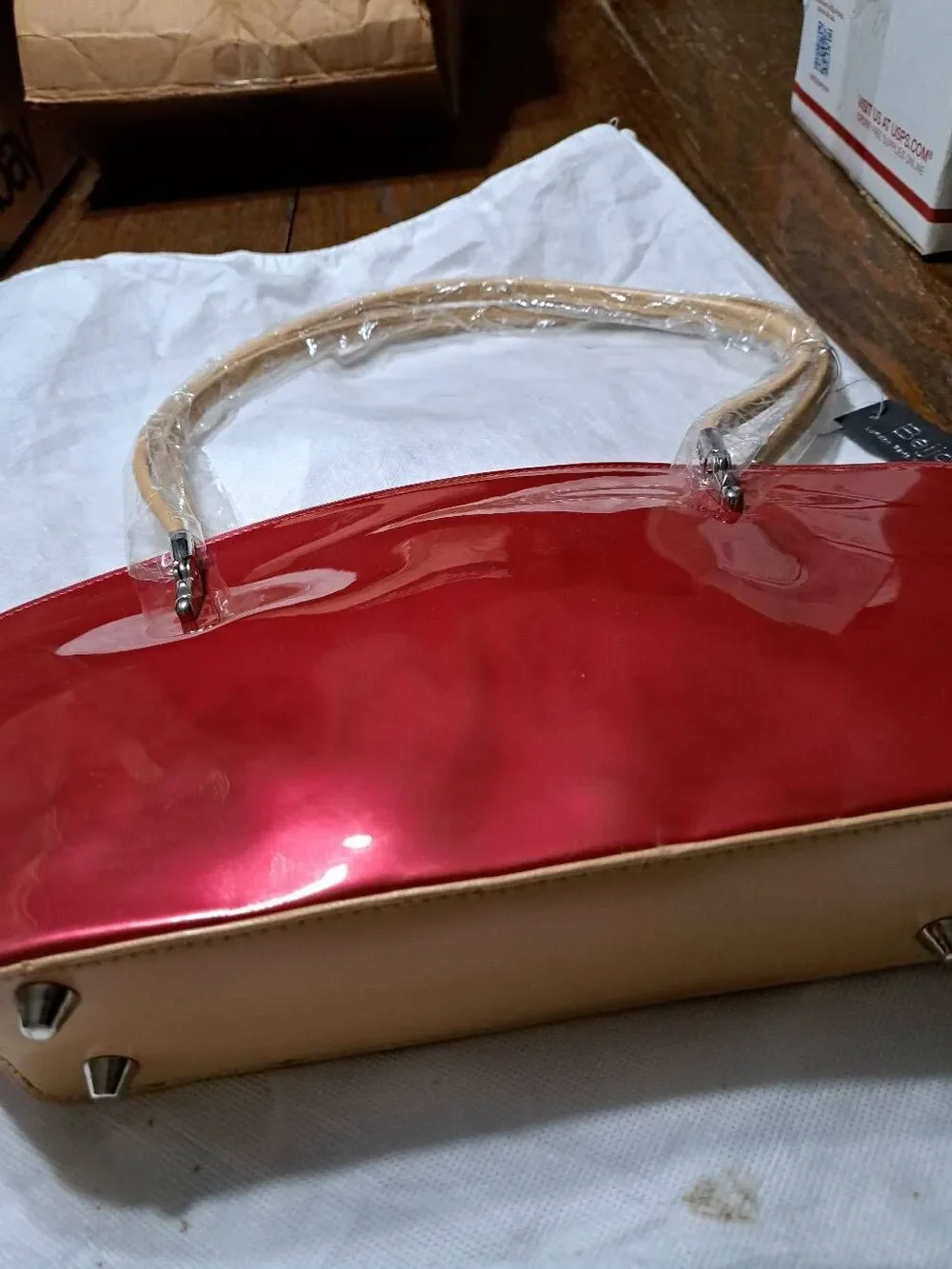 New Beijo Over the Moon Red Berry Tan Purse Handbag Shoulder Bag Pocket Book